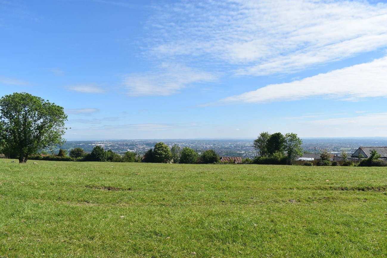 Expansive, open views north from Dundry Hill towards Bristol.