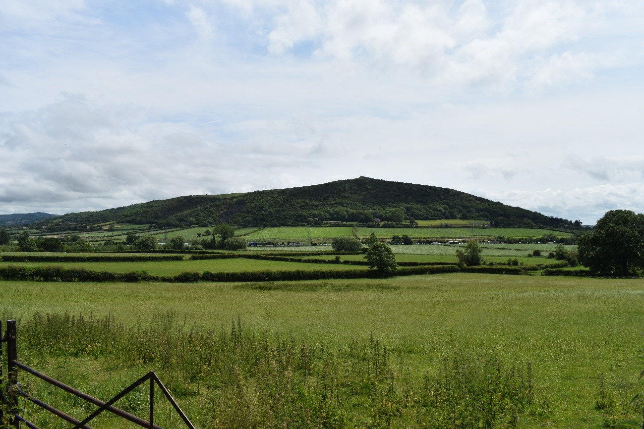 View across the Lox Yeo River floodplain (LCA B2) towards Crook Peak within the Mendip Hills National Landscape.